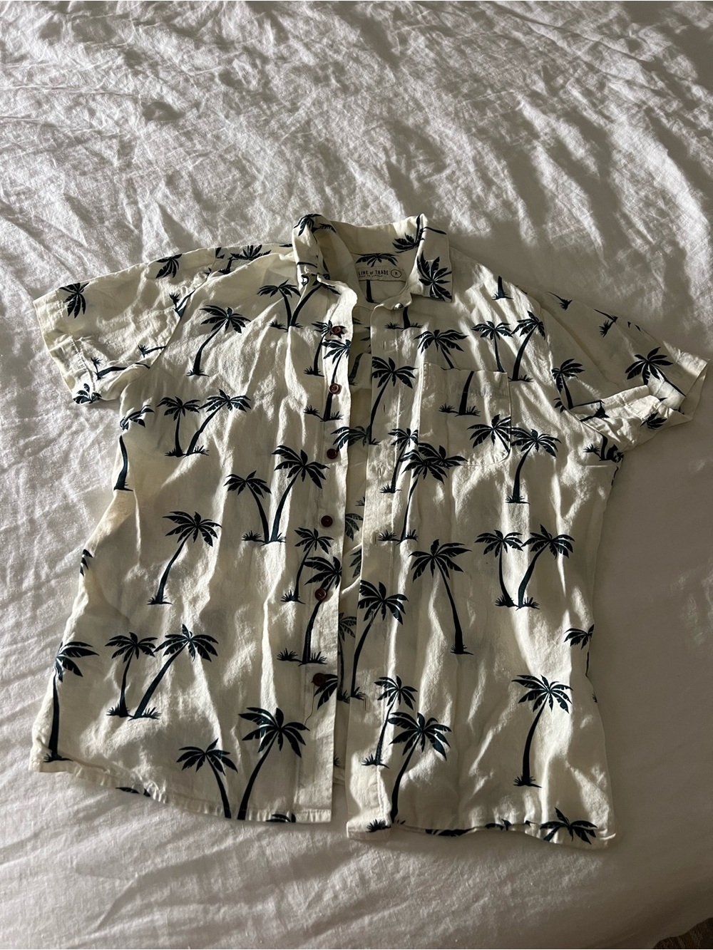 Men's Linen Short-Sleeve Palm Print Short Sleeve Shirt - Cream/Black